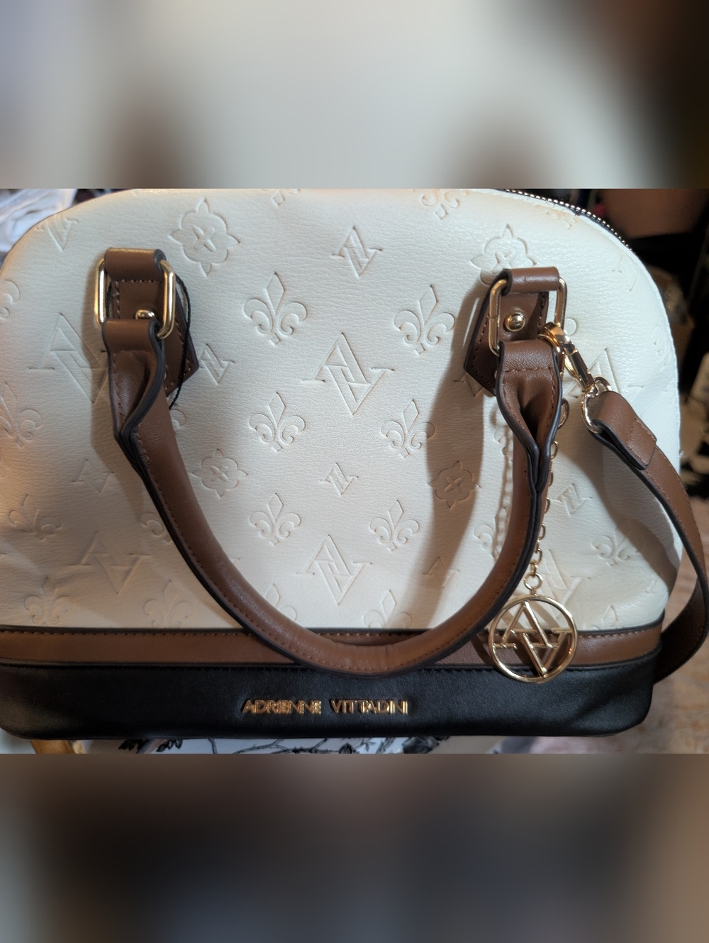 Adrienne Vittadini White & Brown Embossed Leather Satchel